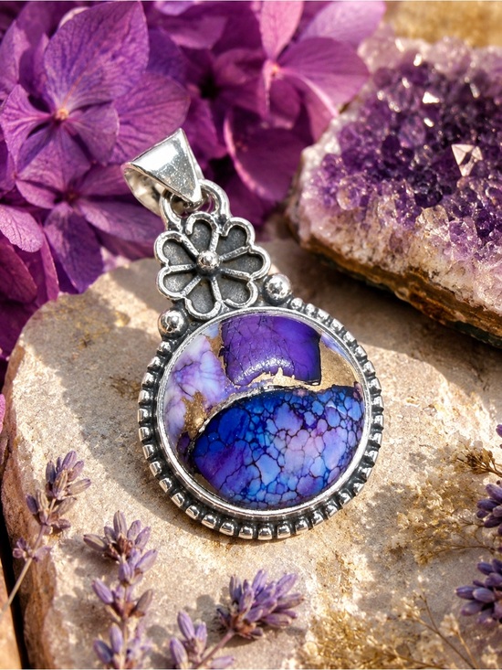 Southwest Jewelry - NWT Sterling Silver Purple Dahlia Pendant 925 Floral Artisan 2” Southwest Boho